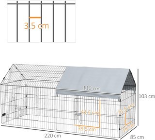 Jaula para Conejos y Gallinas de Exterior e Interior con Protección de Sombra y Rejilla Metálica, Casa Recinto para Animales Pequeños, Gallinas, Patos, Cobayas, 220X85X103Cm, Plata