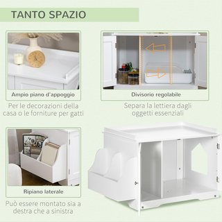 Mueble de Arena para Gatos de 2 Puertas con Contenedor Externo, Mueble Cubierto con Divisor Interno Ajustable y Puerta Lateral, 86X48X52 Cm, Blanco