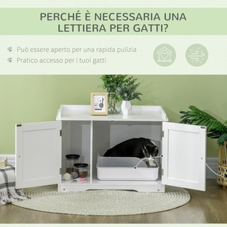 Mueble de Arena para Gatos de 2 Puertas con Contenedor Externo, Mueble Cubierto con Divisor Interno Ajustable y Puerta Lateral, 86X48X52 Cm, Blanco