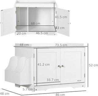 Mueble de Arena para Gatos de 2 Puertas con Contenedor Externo, Mueble Cubierto con Divisor Interno Ajustable y Puerta Lateral, 86X48X52 Cm, Blanco