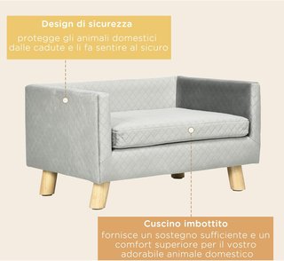 Sofá para Perros y Gatos con Diseño Escandinavo y Cojín Acolchado, Cama para Animales de Interior en Terciopelo y Madera, 64X45X36Cm, Gris