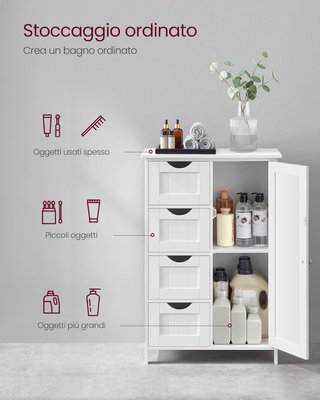 Mueble De Baño, Armario Autoportante, Mueble De Madera Con 4 Cajones Y Puerta, Estante Regulable, Para Sala De Estar, Cocina, Pasillo, Blanco LHC41W