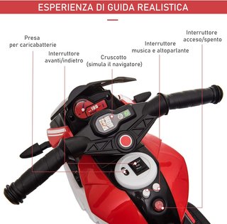 Moto Eléctrica para Niños de 3-5 Años Máx. 25Kg Con Luces, Música, Batería 6V Y Velocidad 3Km/H, 86X42X52 Cm, Roja