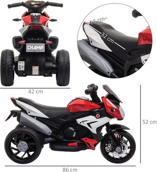 Moto Eléctrica para Niños de 3-5 Años Máx. 25Kg Con Luces, Música, Batería 6V Y Velocidad 3Km/H, 86X42X52 Cm, Roja