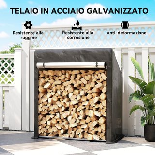 Leñera Exterior de Acero Reforzado, Portaleña Exterior con Cubierta Impermeable y Asa, Leñera Compacta Ahorra Espacio, 100X60X110 Cm, Negro y Plata