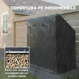 Leñera Exterior de Acero Reforzado, Portaleña Exterior con Cubierta Impermeable y Asa, Leñera Compacta Ahorra Espacio, 100X60X110 Cm, Negro y Plata