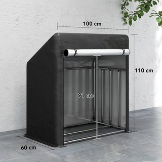 Leñera Exterior de Acero Reforzado, Portaleña Exterior con Cubierta Impermeable y Asa, Leñera Compacta Ahorra Espacio, 100X60X110 Cm, Negro y Plata