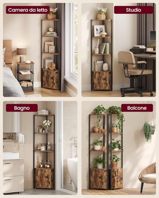 Estantería Esquinera Con Contenedor, Librería Esquinera Con 5 Estantes, Estante Esquinero, para Sala De Estar, Dormitorio, Cocina, Baño, Marrón Vintage Y Negro Tinta LBC580K01