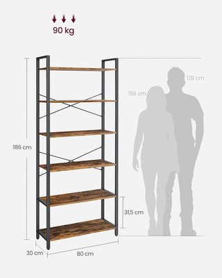 Estantería Alta de 6 Estantes, Estante de Almacenamiento, Estructura de Acero, Salón Dormitorio Oficina, 30 X 80 X 186 Cm, Industrial, Marrón Vintage y Negro Tinta LLS082B01