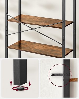 Estantería Alta de 6 Estantes, Estante de Almacenamiento, Estructura de Acero, Salón Dormitorio Oficina, 30 X 80 X 186 Cm, Industrial, Marrón Vintage y Negro Tinta LLS082B01