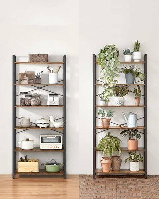 Estantería Alta de 6 Estantes, Estante de Almacenamiento, Estructura de Acero, Salón Dormitorio Oficina, 30 X 80 X 186 Cm, Industrial, Marrón Vintage y Negro Tinta LLS082B01