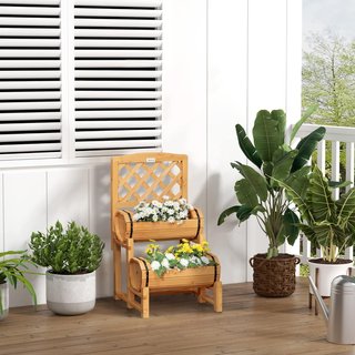 Jardinera Vertical de Media Barrica para Exterior, Jardinera Elevada con Enrejado de Madera de Abeto, 45X45X80 Cm