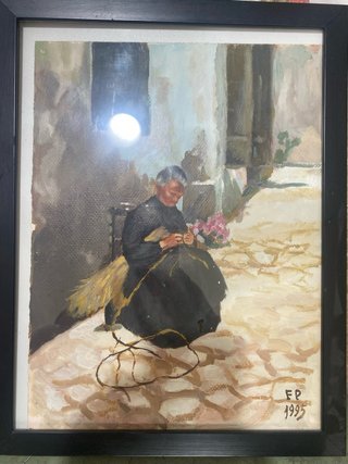 Cuadro acuarela mujer cosiendo 1995