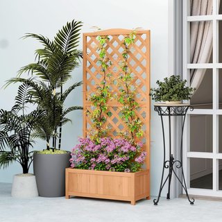 Cama para Huerto Elevado de Exterior con Enrejado, Jardín de Exterior con Traliccio para Plantas Trepadoras en Madera de Abeto, para Flores y Verduras, para Jardín y Balcón, 76X36X170 Cm, Marrón
