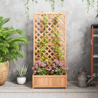 Cama para Huerto Elevado de Exterior con Enrejado, Jardín de Exterior con Traliccio para Plantas Trepadoras en Madera de Abeto, para Flores y Verduras, para Jardín y Balcón, 76X36X170 Cm, Marrón