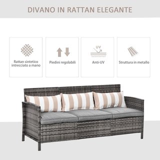 Sofá de 3 Plazas para Exteriores en Rattan (PE) con Cojines Acolchados y Desfundables, Jardín/Terraza, 173X68X78Cm