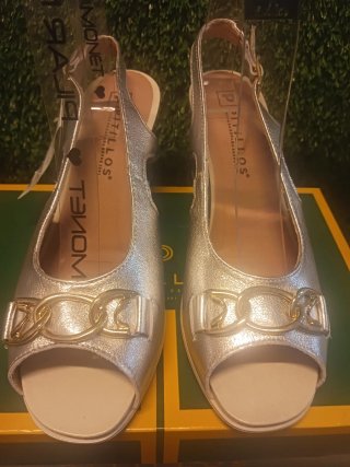 Sandalias Pitillos Plata Hebilla Dorada