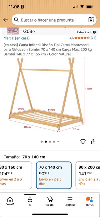 Cama Montessori Tipi 70x140 Bambú como nueva
