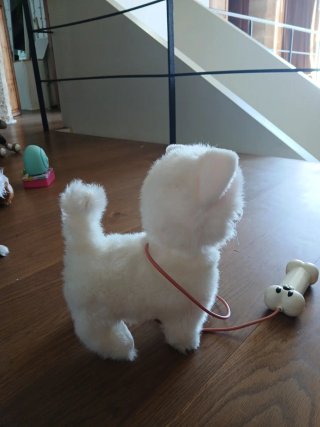 Peluche gato blanco con correa y hueso