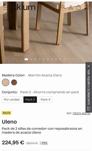 Sklum Pack de 2 sillas de comedor madera de acacia