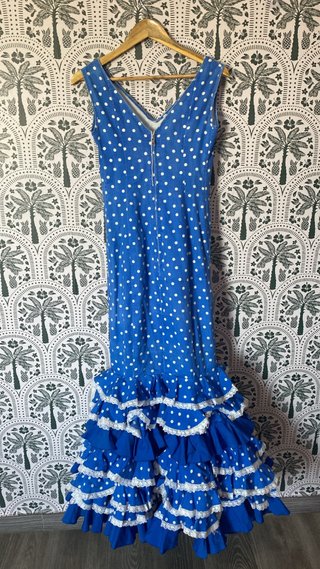 Traje Flamenca Azul con Lunares Blancos