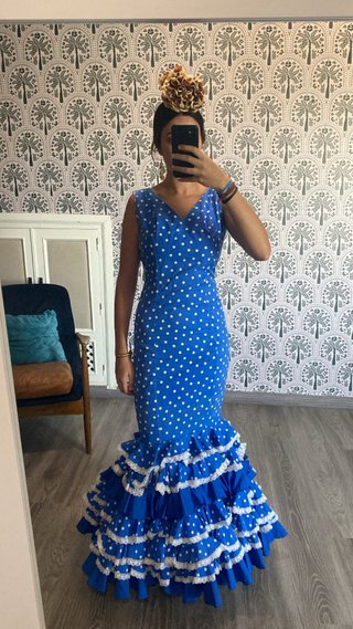 Traje Flamenca Azul con Lunares Blancos