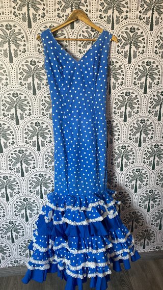 Traje Flamenca Azul con Lunares Blancos