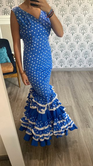 Traje Flamenca Azul con Lunares Blancos