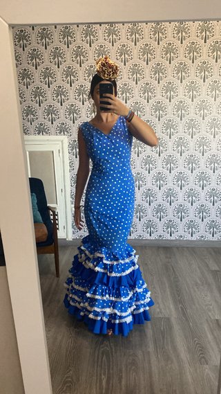 Traje Flamenca Azul con Lunares Blancos