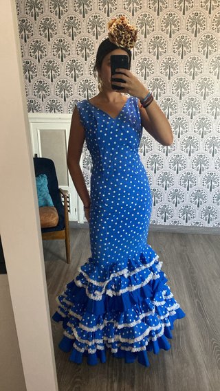 Traje Flamenca Azul con Lunares Blancos