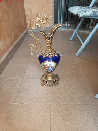 Jarrón Antiguo Bronce y Porcelana Azul