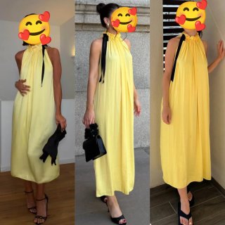 Vestido midi Zara satinado lazo amarillo T.S