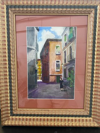 Cuadro acuarela calle con figura