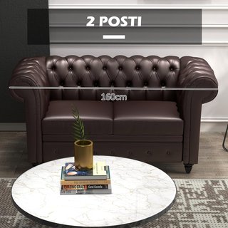 Sofá 2 Plazas Estilo Chesterfield en Piel Sintética, Sofá de Salón Acolchado con Brazos y Espuma Gruesa, Sofá con Patas de Madera de Caucho para Salón y Oficina, Marrón