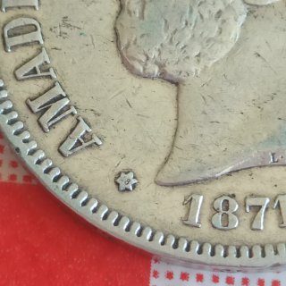 Moneda 5 pesetas plata Amadeo I España 1871 *18 75