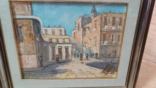 Quadro dipinto a mano scena urbana