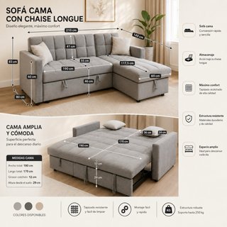 Sofá Cama Chaise Longue con Arcón 210cm