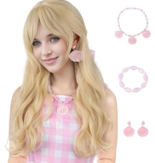 Peluca rubia con accesorios de concha rosa