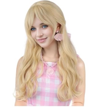 Peluca rubia con accesorios de concha rosa