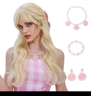 Peluca rubia con accesorios de concha rosa