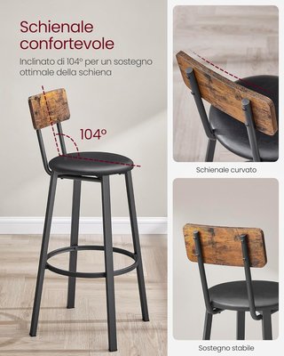 Taburetes de Bar, Set de 2 Taburetes de Cocina Acolchados en PU, Asiento de Bar con Reposapiés, Montaje Fácil, Comedor, Marrón Vintage y Negro Clásico LBC069B81