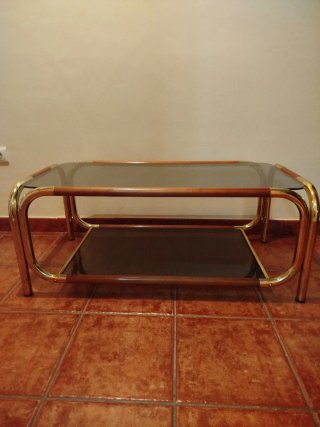 Mesa de centro cristal, madera y metal dorado