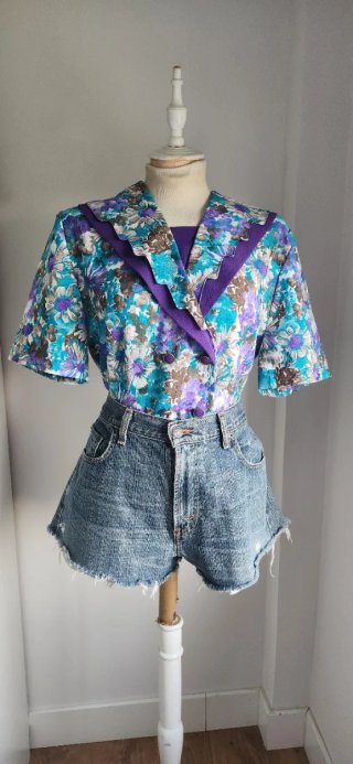 Blusa Vintage Floral Azul y Morado