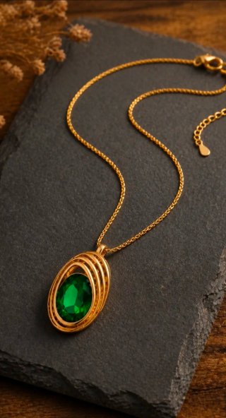 Collar Acero Oro con Circonita Verde