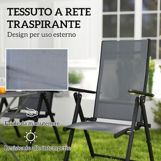Set de 4 Sillas de Jardín Plegables y Transpirables con Brazos, Sillas Plegables para Exterior en Acero y Poliéster, Capacidad Máxima 120 Kg, 56X69X106 Cm, Gris