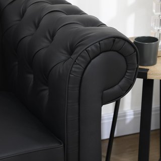 Divano Chesterfield 2 Posti in Pelle Sintetica, Divano Imbottito con Braccioli e Spugna Spessa, Divano con Gambe in Legno Gomma per Soggiorno e Ufficio, Nero