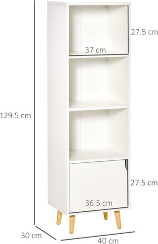 Estantería de Madera, Estantería Blanca de Madera, Con 3 Estantes y 1 Armario, Diseño Moderno, Sala de Estar, Oficina, 40X30X129.5Cm, Blanco