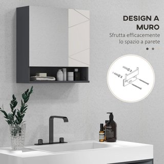 Armario de Baño Con Espejo Y 2 Puertas, Espejo de Baño Contenedor Con Estantes Regulables en Madera, 55X17X55Cm, Gris