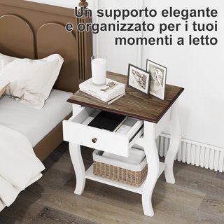 Mesita de Noche con Cajón y Estante Abierto Estilo Francés, Mesita Estrecha Ahorra Espacio en MDF, 45X35X55 Cm, Blanco y Roble