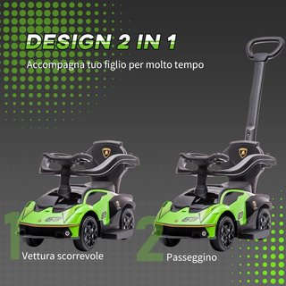 Lamborghini Cochecito para Niños 2 en 1 con Asa y Barrera de Seguridad, Volante y Claxon, Auto para Niños en PP y Metal, 86.5X40X89.5 Cm, Verde y Negro